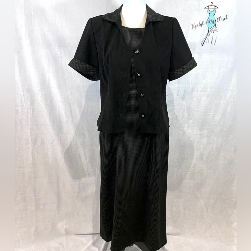 Vintage Sag Harbor black patterned dress maxi dress jacket suit size petite 10P